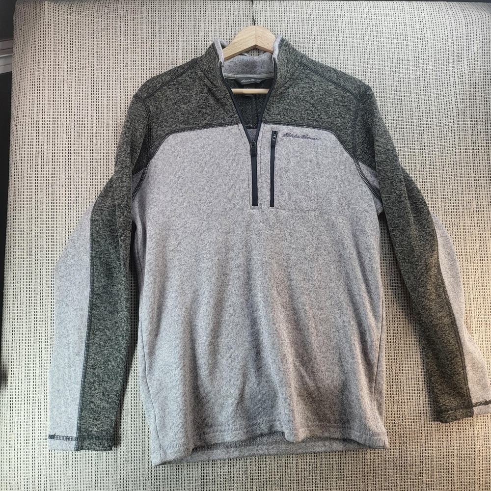 Eddie Bauer Sweater Mens‎ Small Gray Quarter Zip Pullover Fleece Chest Pocket